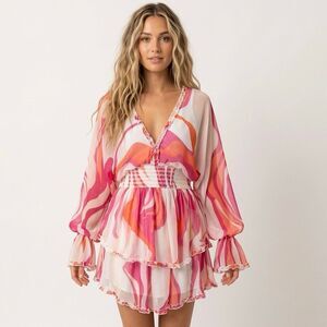 ROCOCO SAND Pink Orange Abstract Wave Smocked Ruffle Mini Dress Small Retro Boho